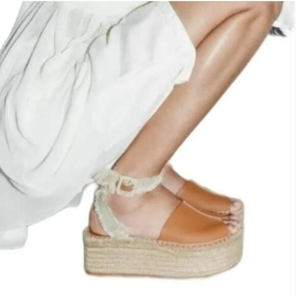 Zara Tan Leather Flatform Espadrille Ankle Buckle Platform Sandals Size EU 39 - Picture 1 of 13